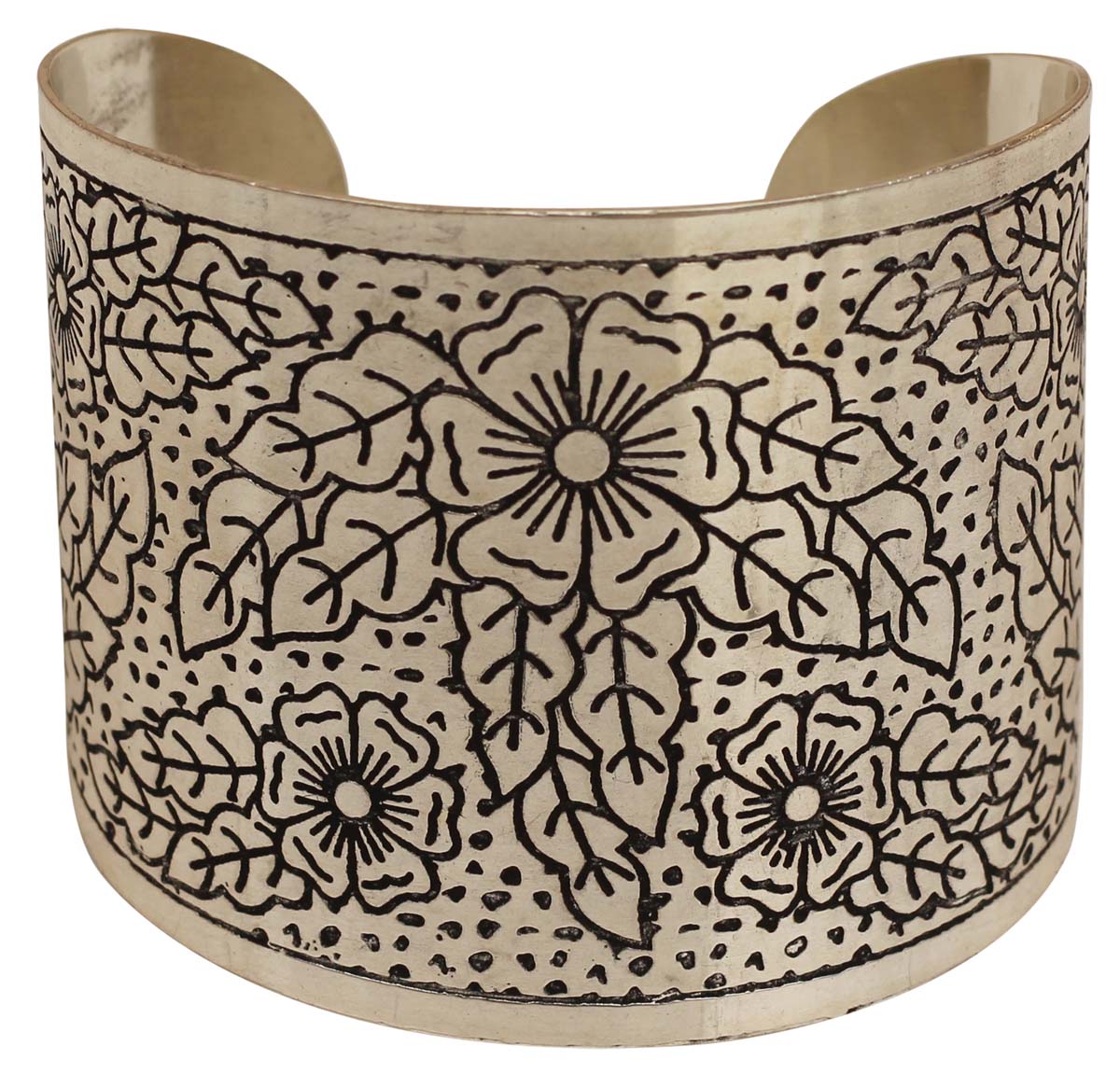 Wholesale Bracelets from India – Antique-Look Cuff Bracelet – Cast in Brass – Nickel Plated & Black Shading – Floral & Leafy Motifs – Bracelets in Bulk